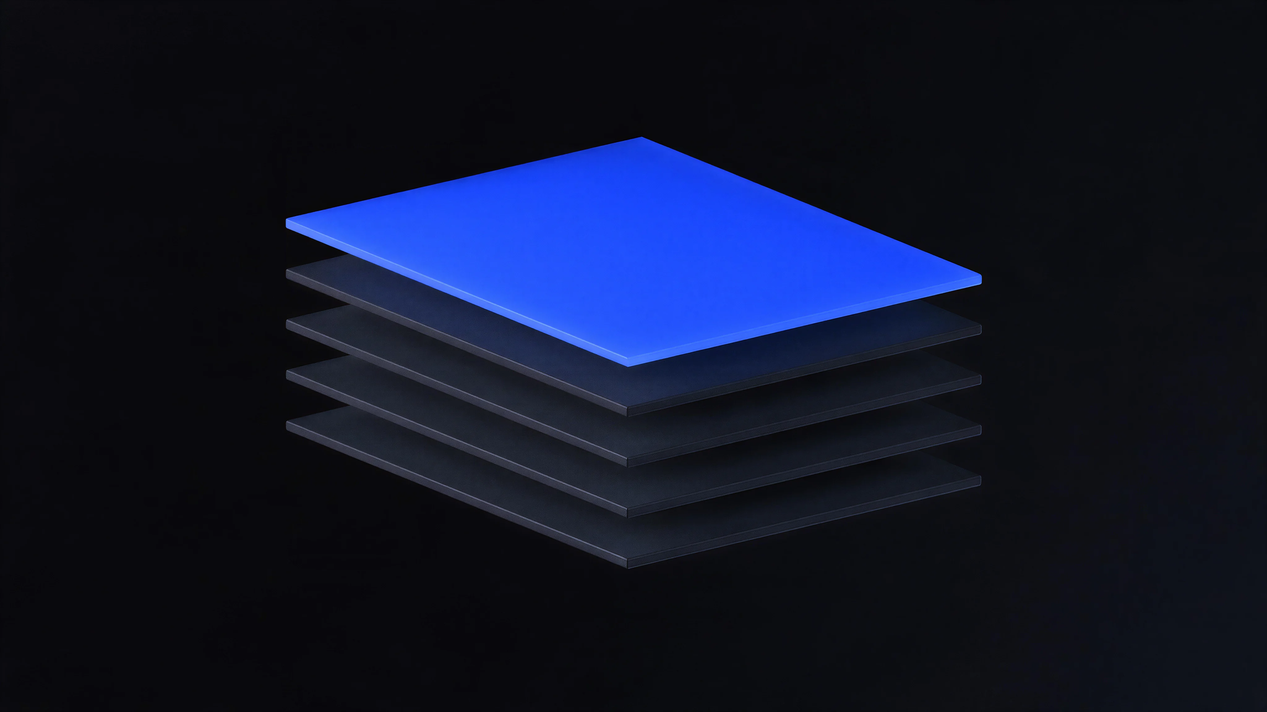 Five stacked layers with a glowing top surface, representing engineering foundations beneath a finished product