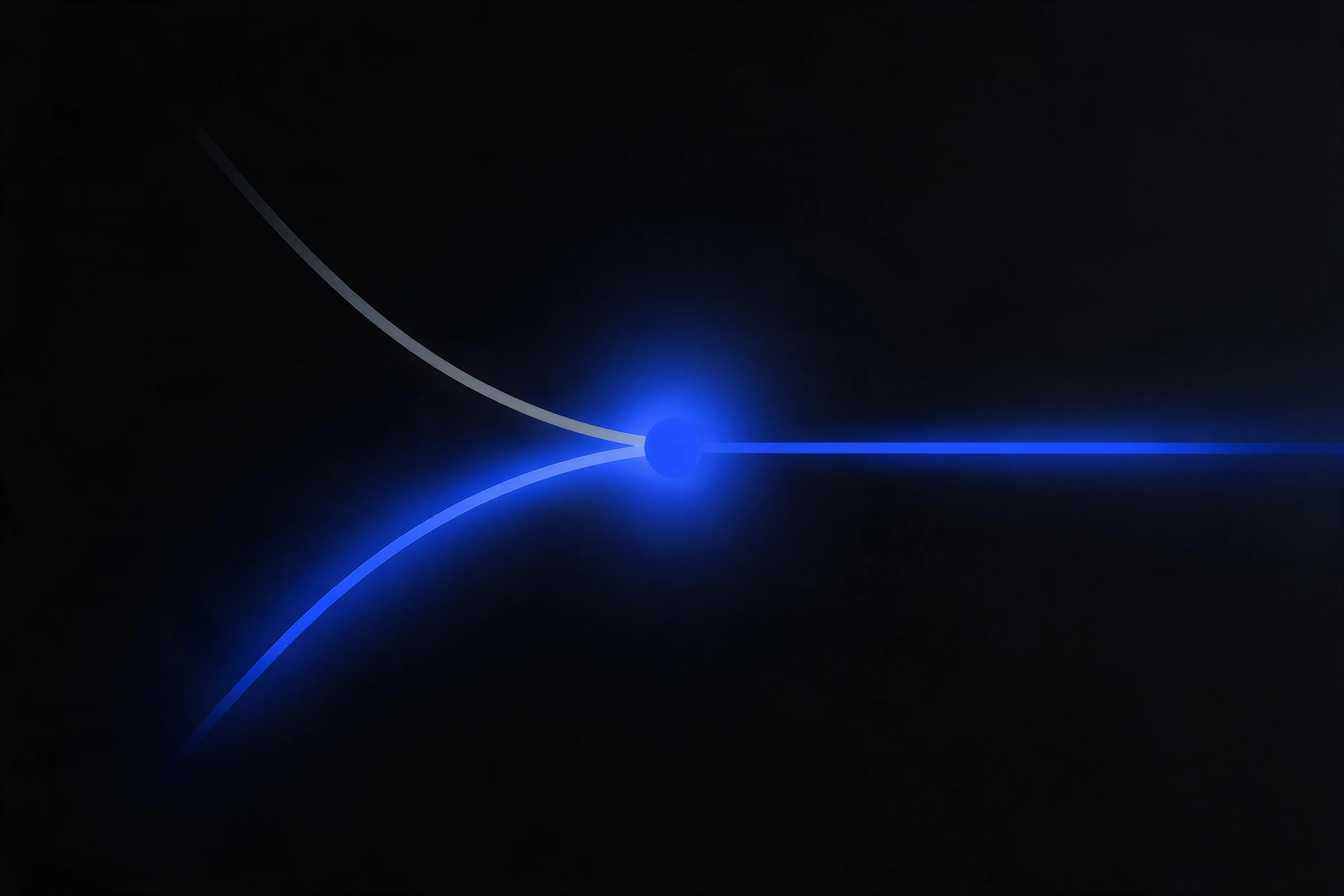 Two paths converging into a single bright node, representing fee and equity aligning on one outcome